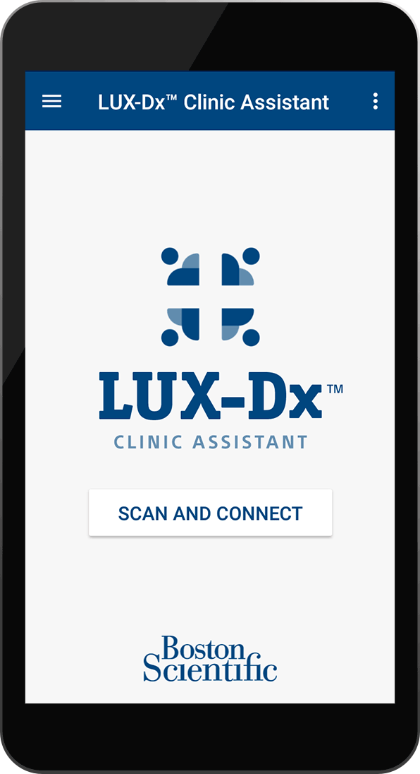 Smartphone with video demonstration of LUX-Dx Clinic Assistant app, showing home screen and status screen.